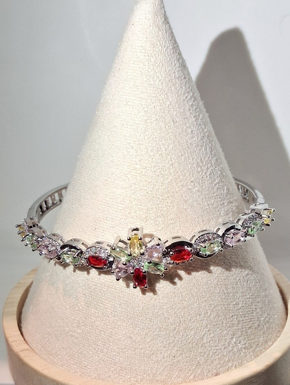 Multicolor Flower Silver Bangle Bracelet